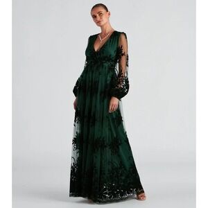 Emerald Green Velvet Floral Burnout Mesh Maxi Dress Long Sleeve V-Neck Gown